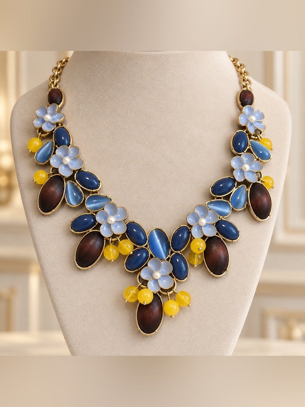 Talbots Moonlit Garden Blue Cat’s-Eye Floral Statement Necklace